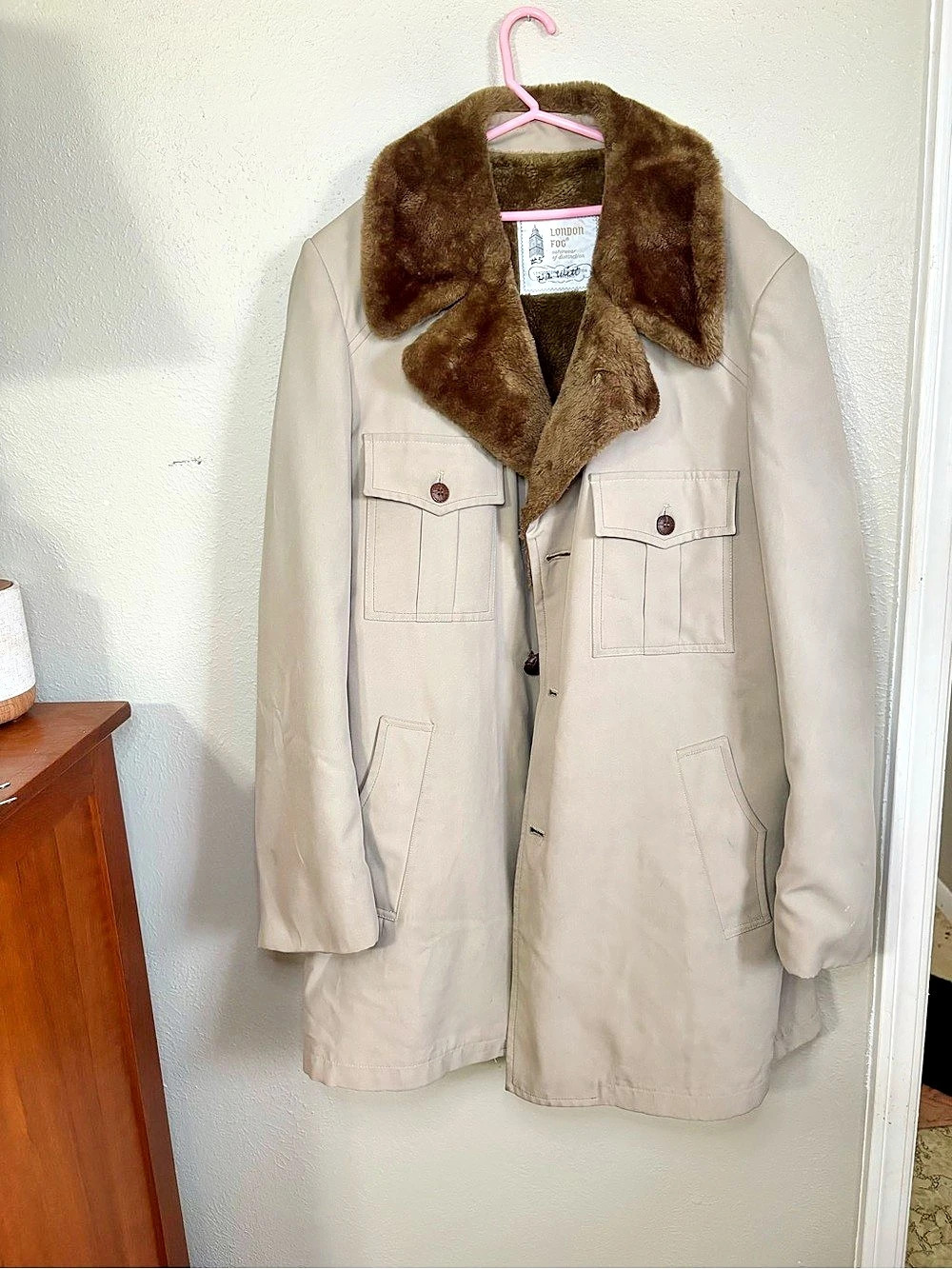 Vintage London Fog Tan Coat Brown Plush Lining 44 Long